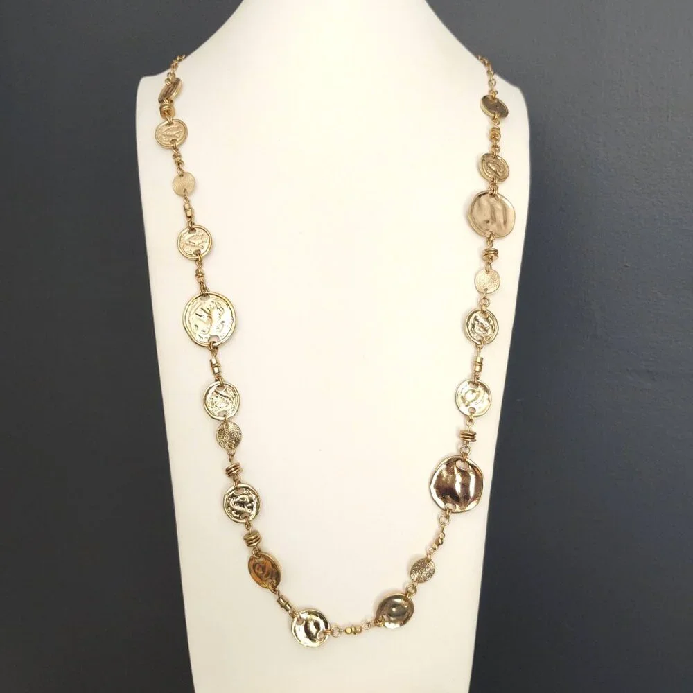 Long gold tone disk single strand necklace - Picture 2 of 12